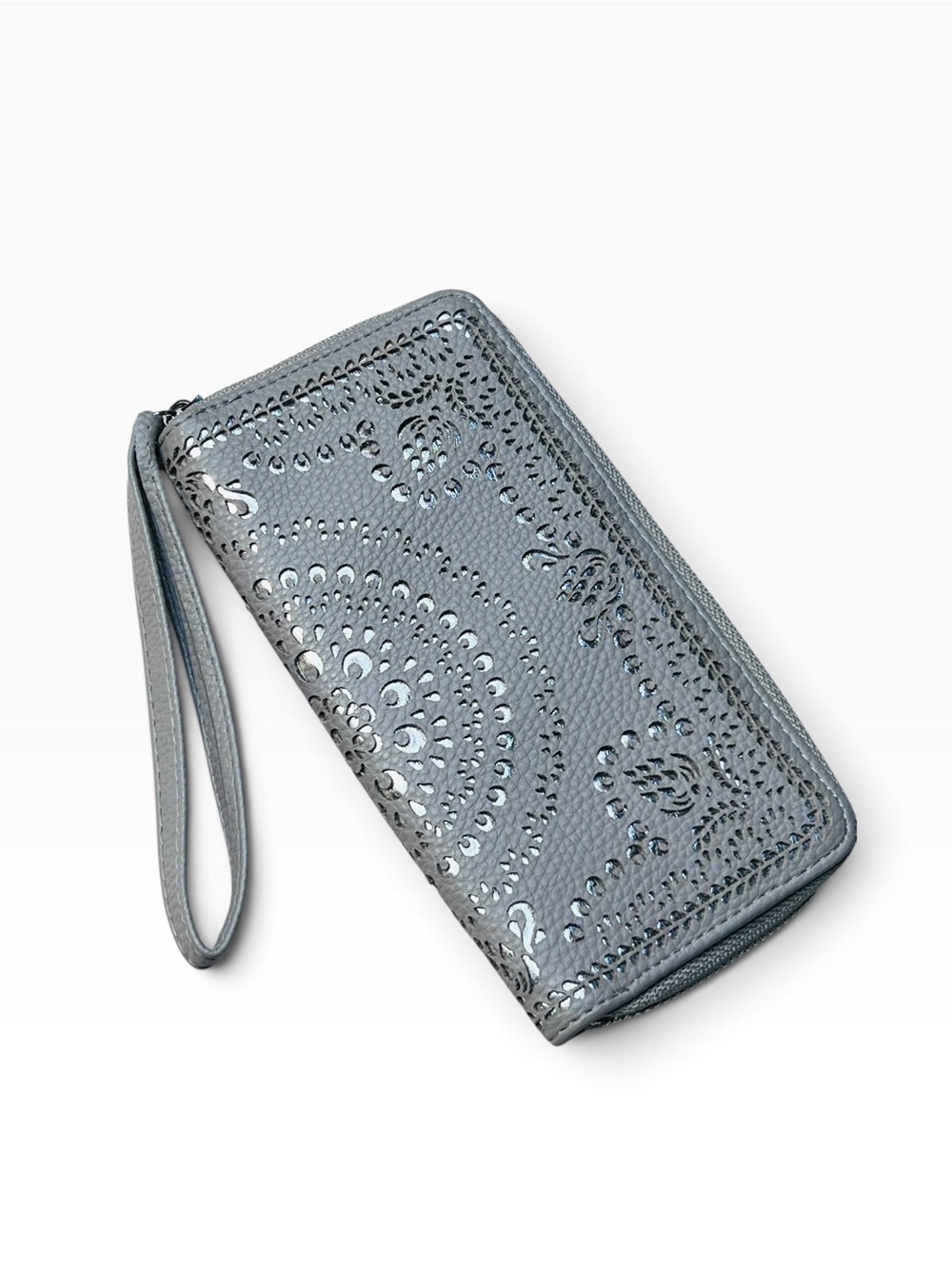 Textured Gray Wristlet Wallet with Laser-Cut Detail